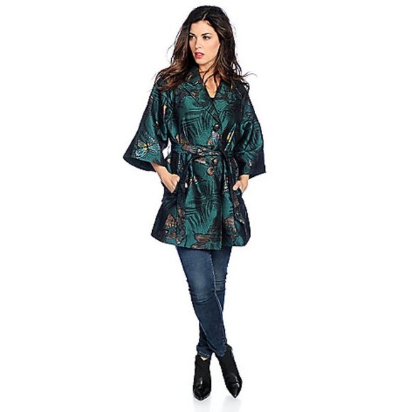 Karen Fairchild Emerald Green Metallic Butterfly Trench Coat, size L - Picture 1 of 9
